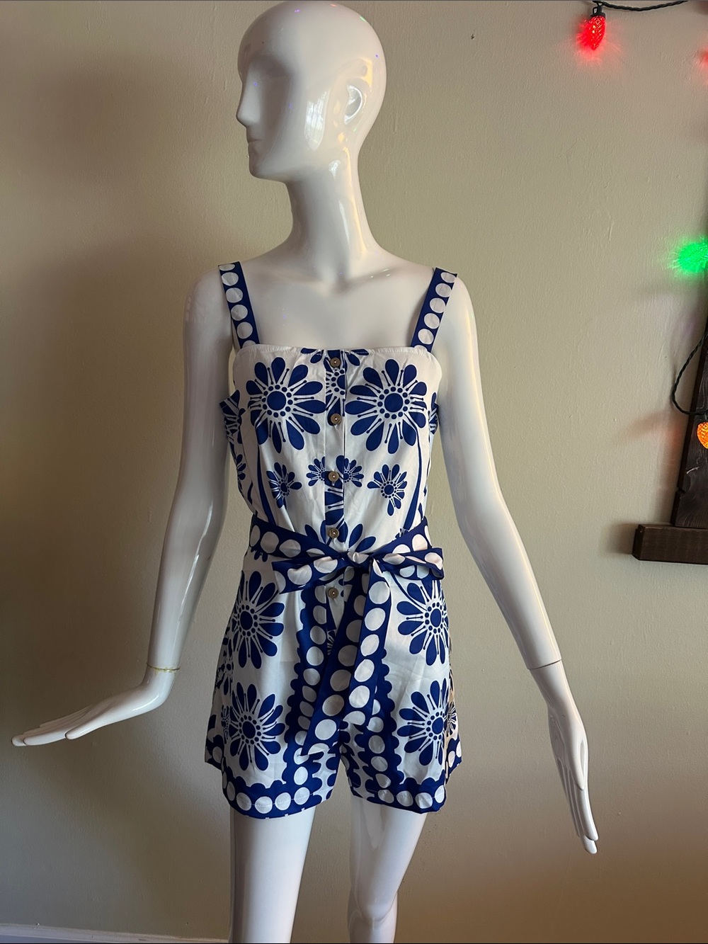 SHEIN White & Navy Floral Belted Romper